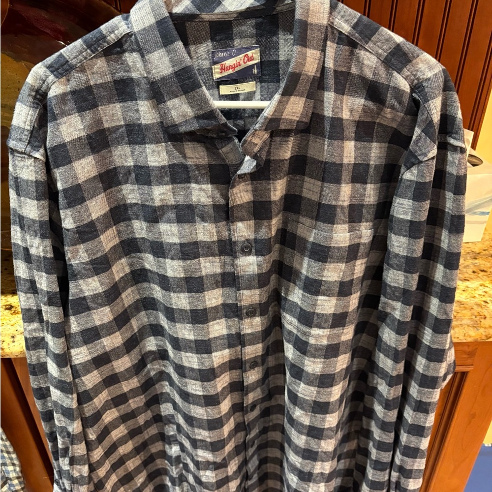 johnnie-O Blue and White with logo “ Hangin out” surf flannel Button Down‎ Shirt